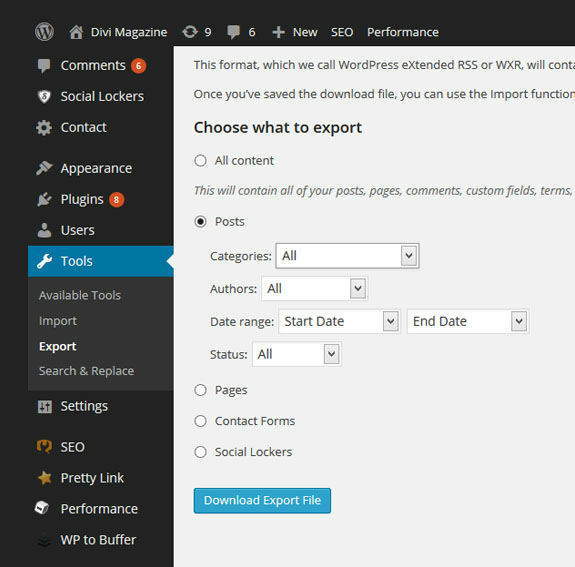WordPress export function