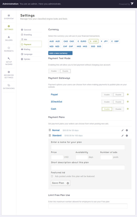 Settings page