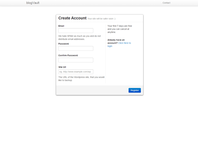 blogVault Create Account Page