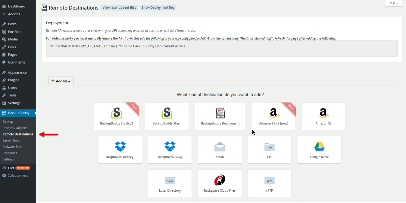  Ecranul Destinații la distanță BackupBuddy Plugin