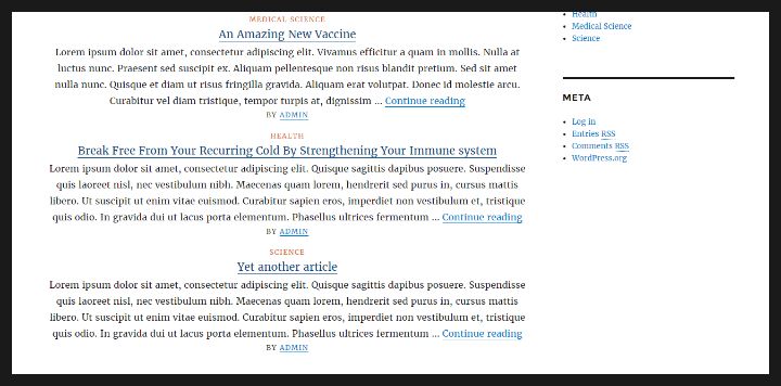 Example of site showing post excerpts