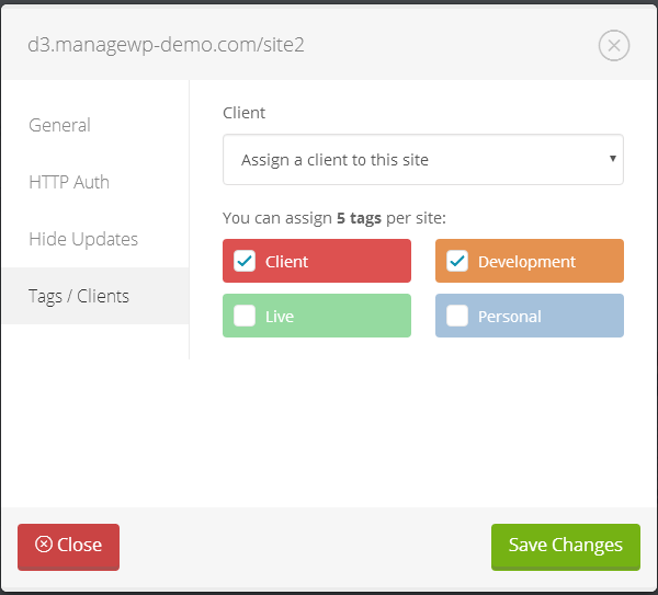 ManageWP Orion - Assign Tags