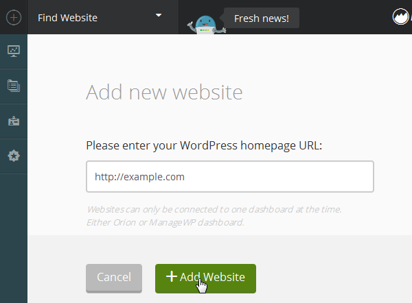 ManageWP Orion - Enter URL