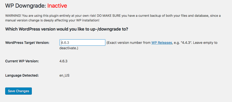WP downgrade plugin screenshot