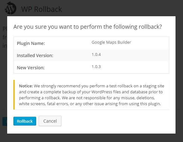 WP rollback plugin screenshot