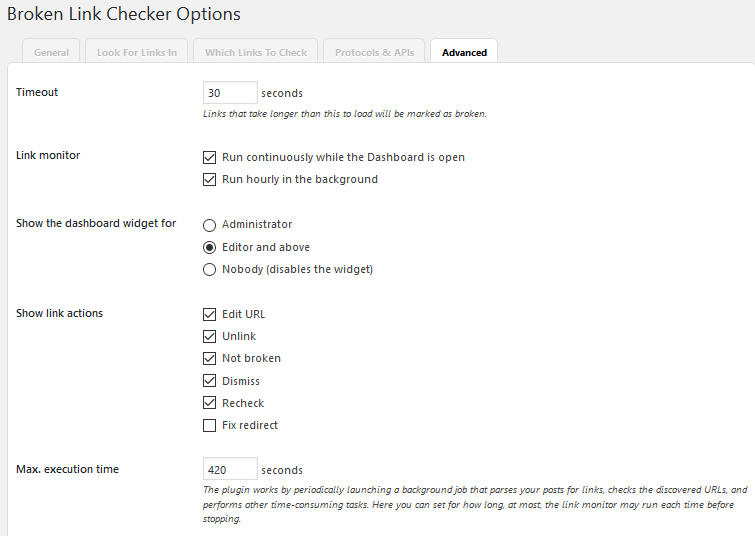 Broken Link Checker plugin usage documentation