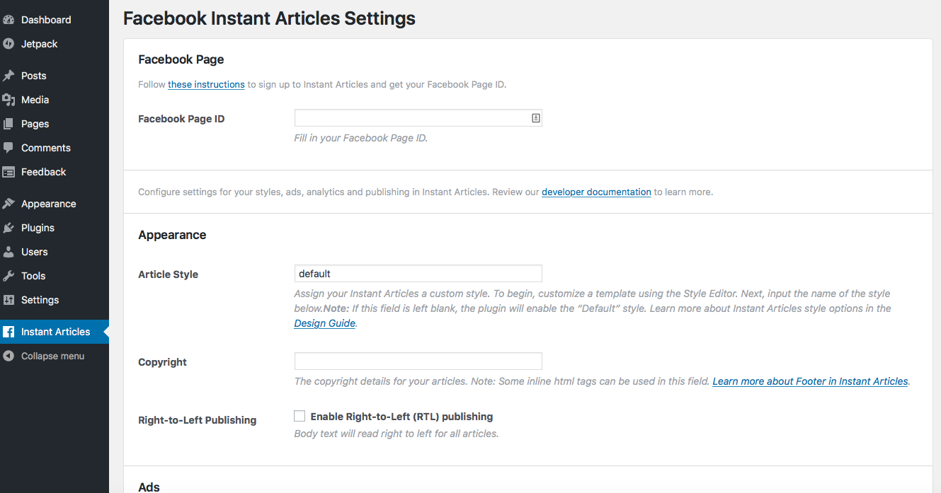 instant articles settings