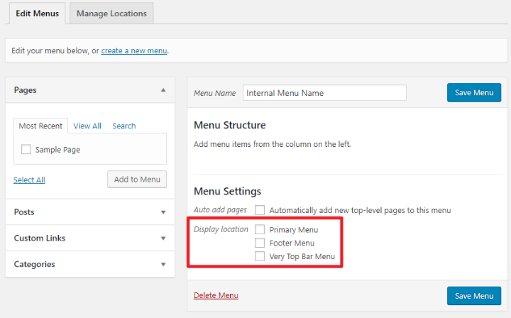 choose wordpress menu location