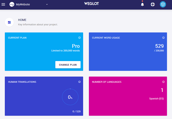 weglot dashboard overview