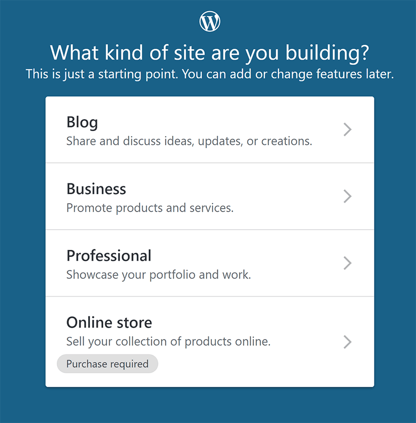 Select Website Type on WordPress.com