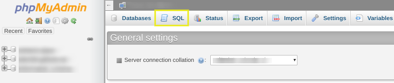 The SQL tab from the phpMyAdmin dashboard.