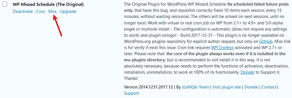wp missed schedule in installed plugins list