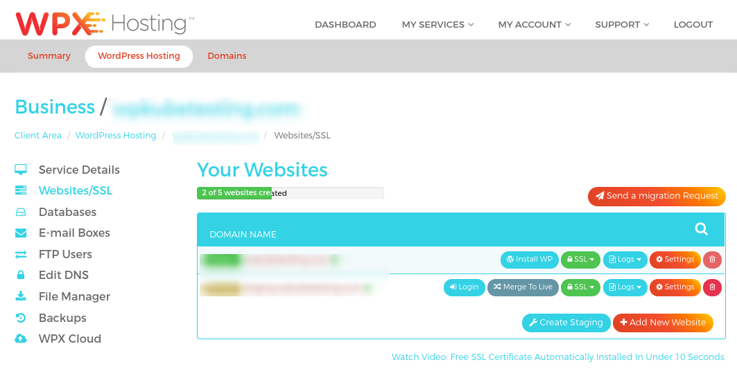 The WPX Hosting dashboard.