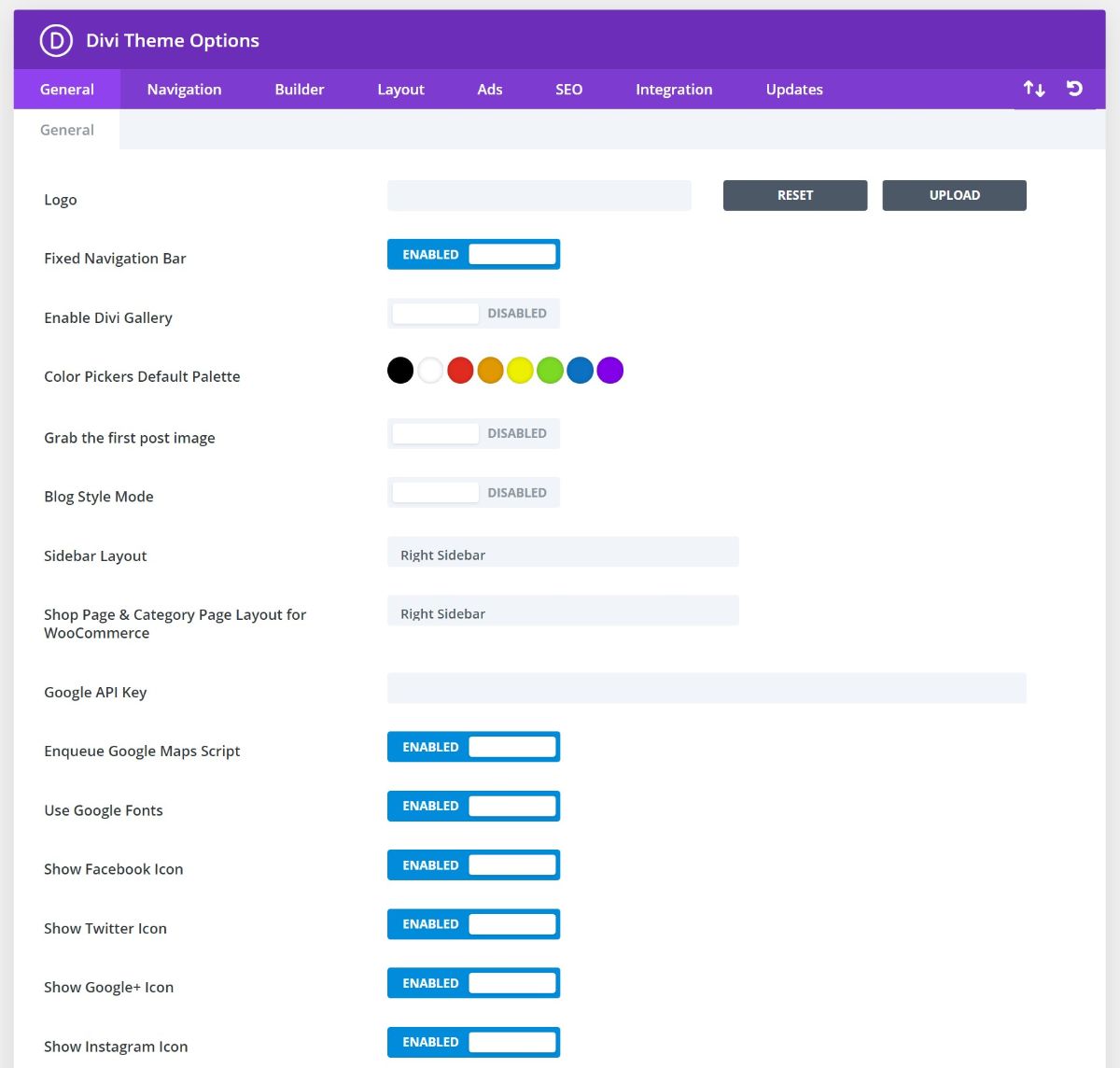 Zone d'options du backend du thème Divi