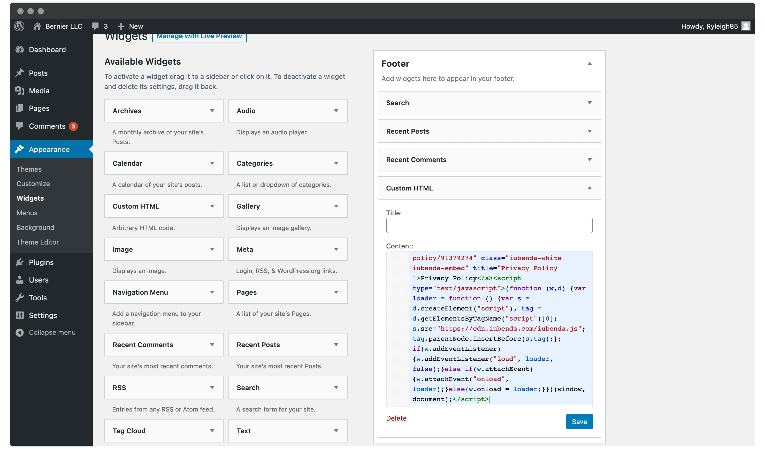 Creating a widget in WordPress and adding the code.