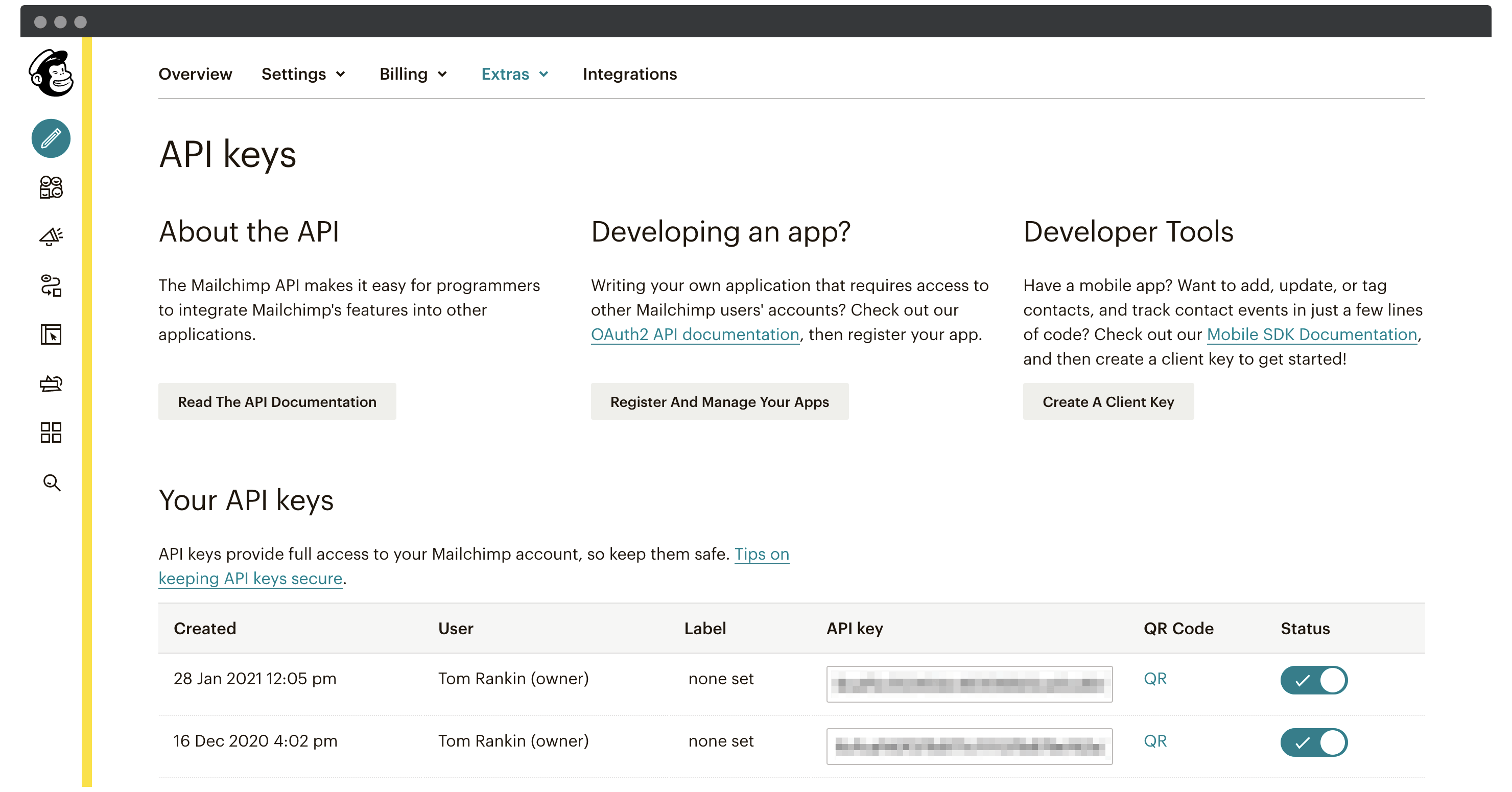 Creating an API Key within Mailchimp.