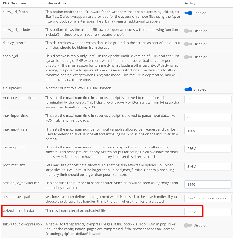 Changing the upload_max_filesize directive