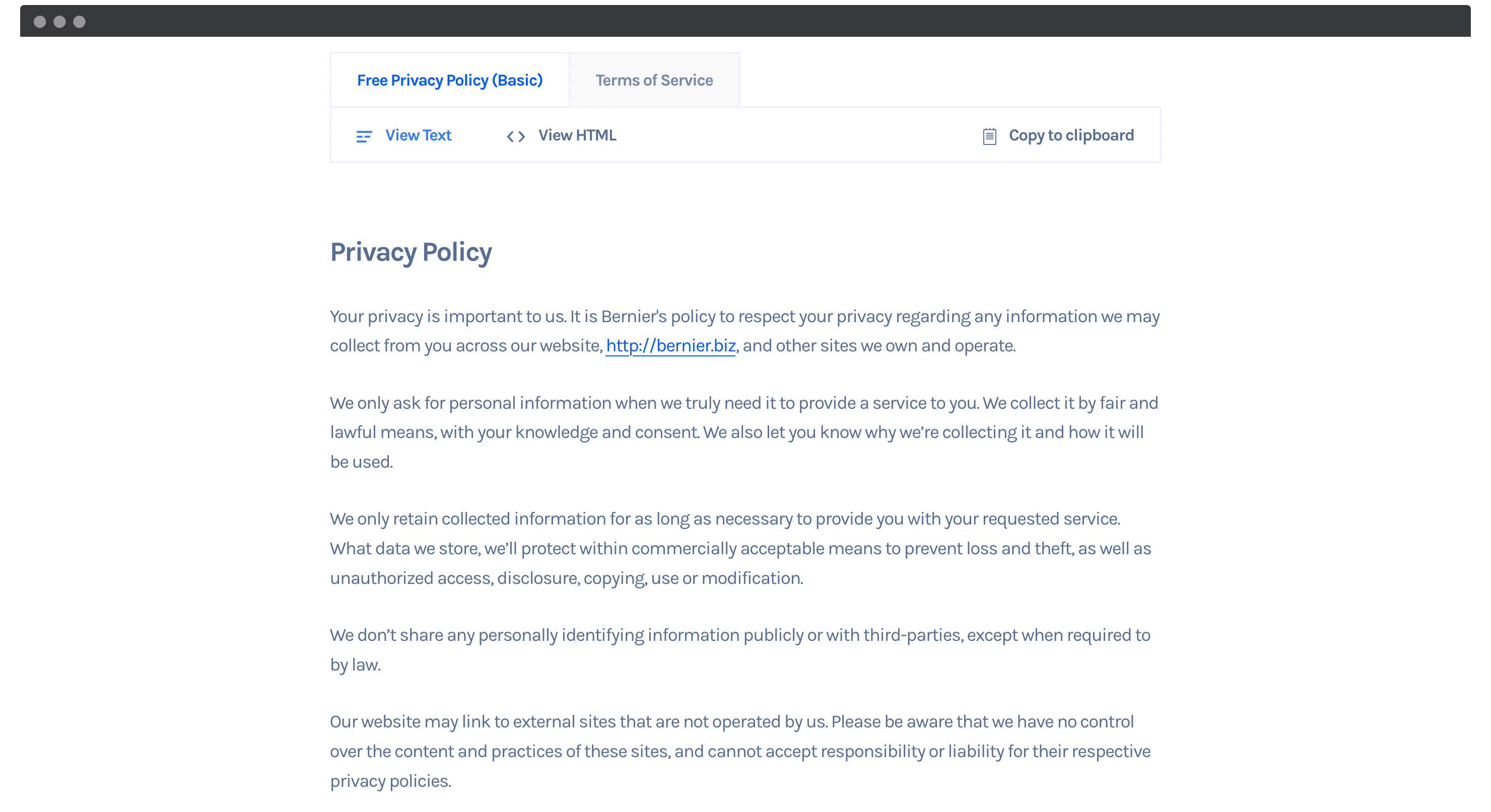 A generated Privacy Policy and Terms of Service.