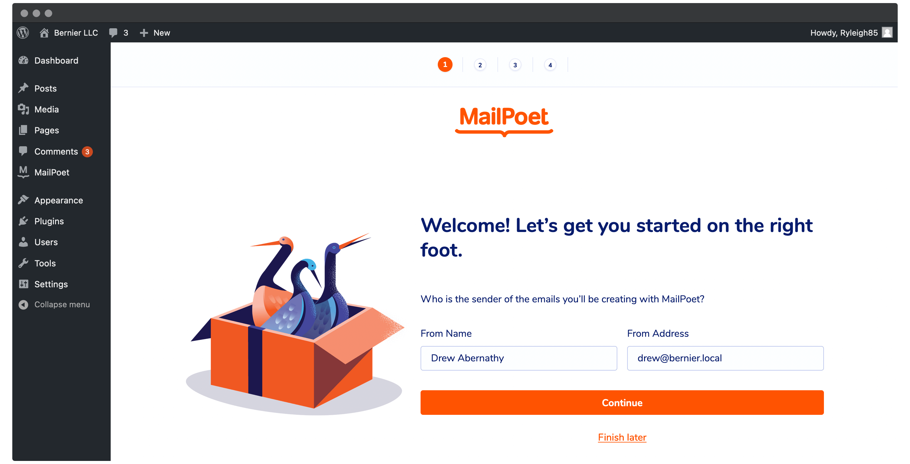 The MailPoet onboarding wizard.