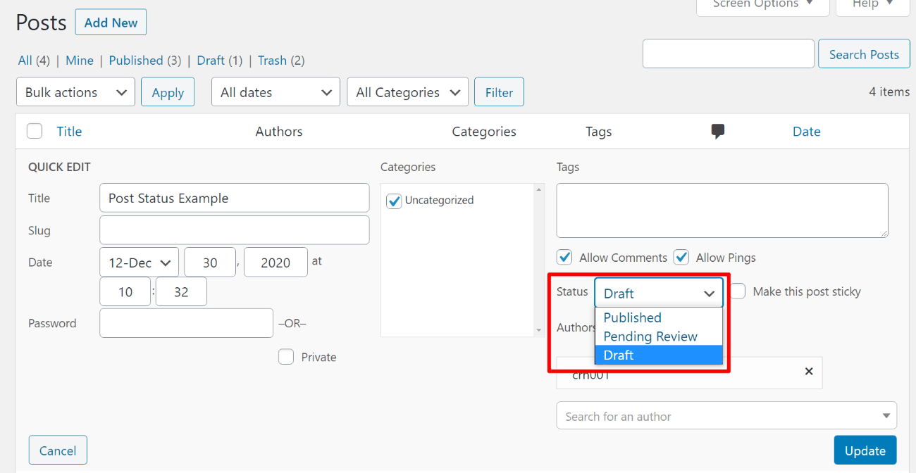 WordPress custom post statuses