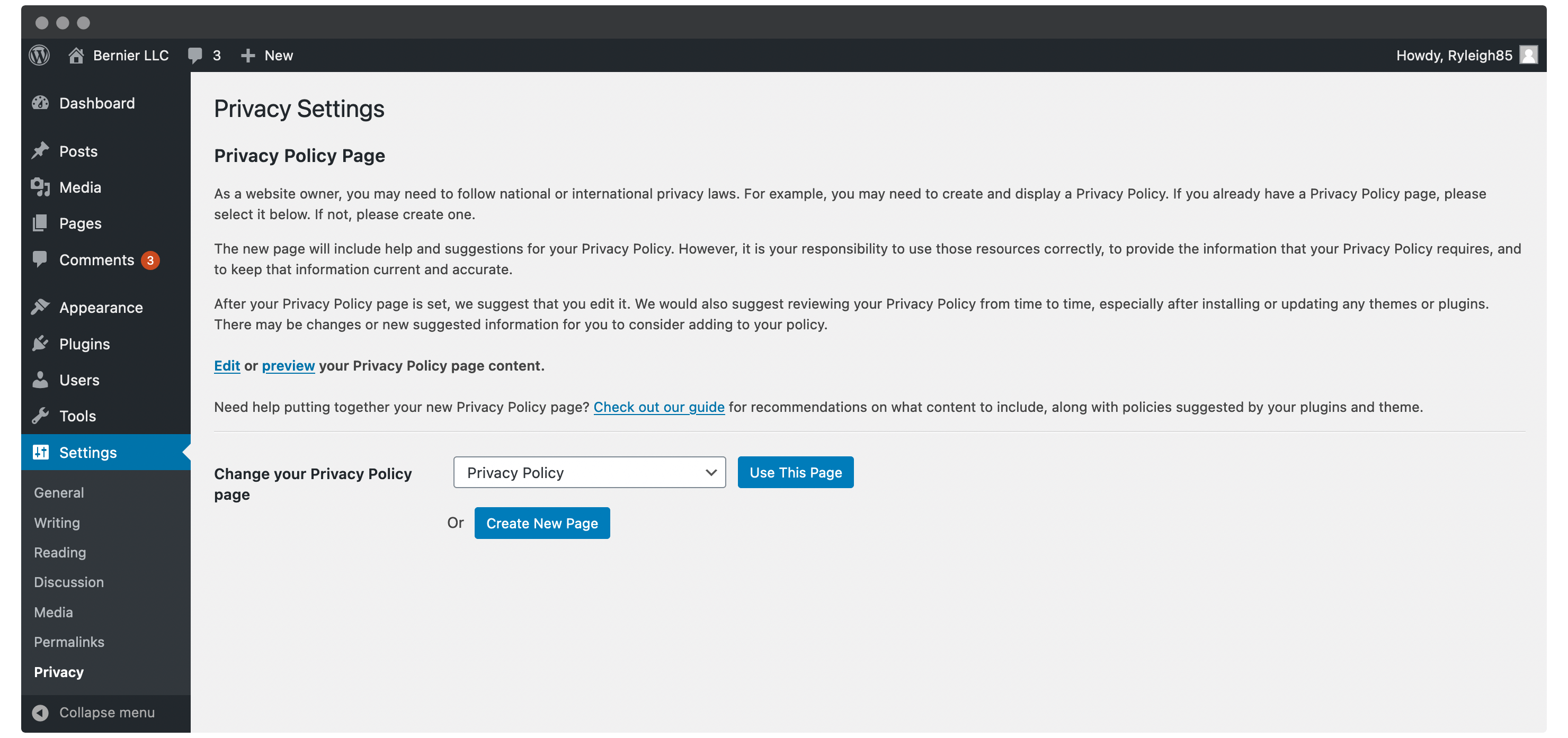 WordPress' Privacy Policy page.