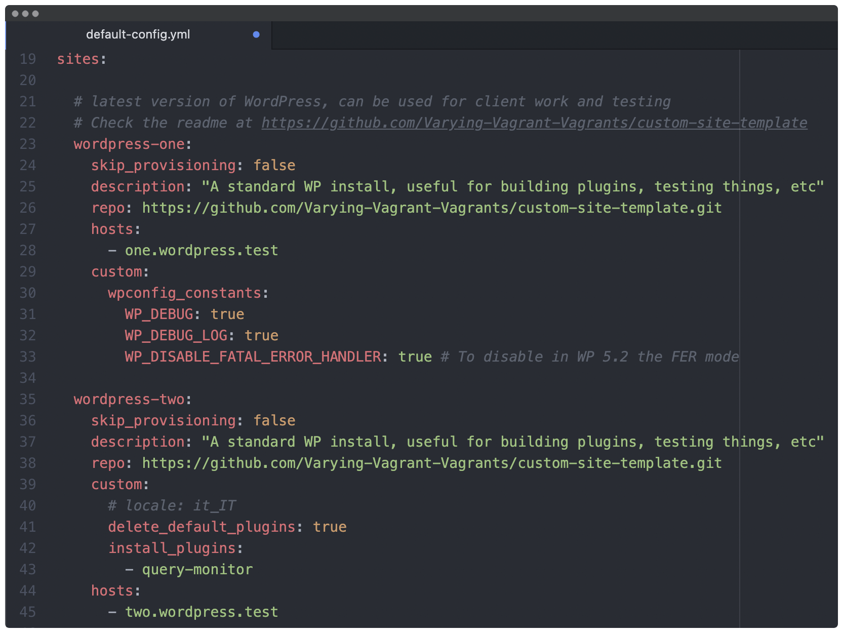 The config.yml file showing VVVs list of sites.