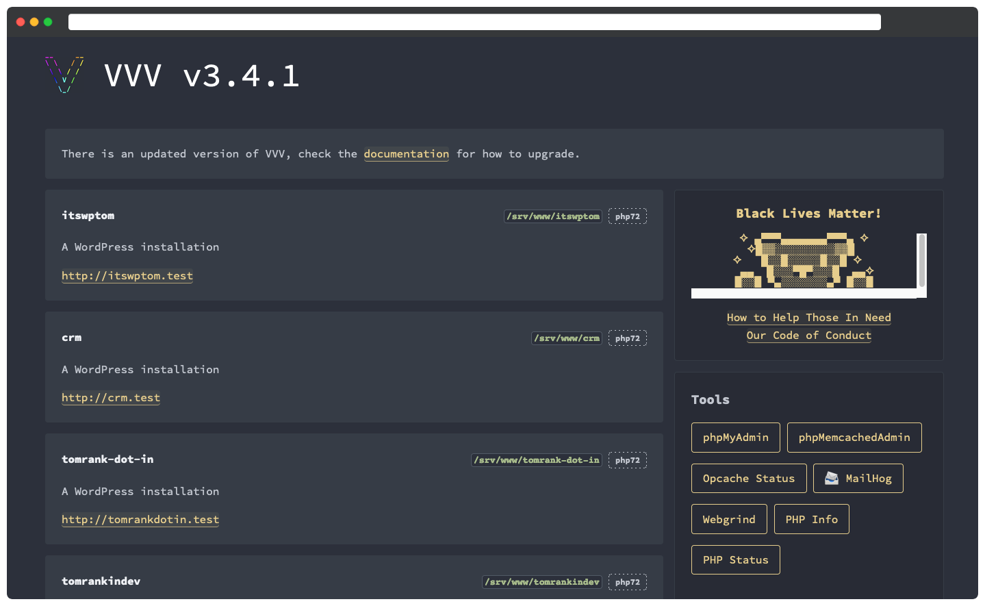 The Varying Vagrant Vagrants dashboard.