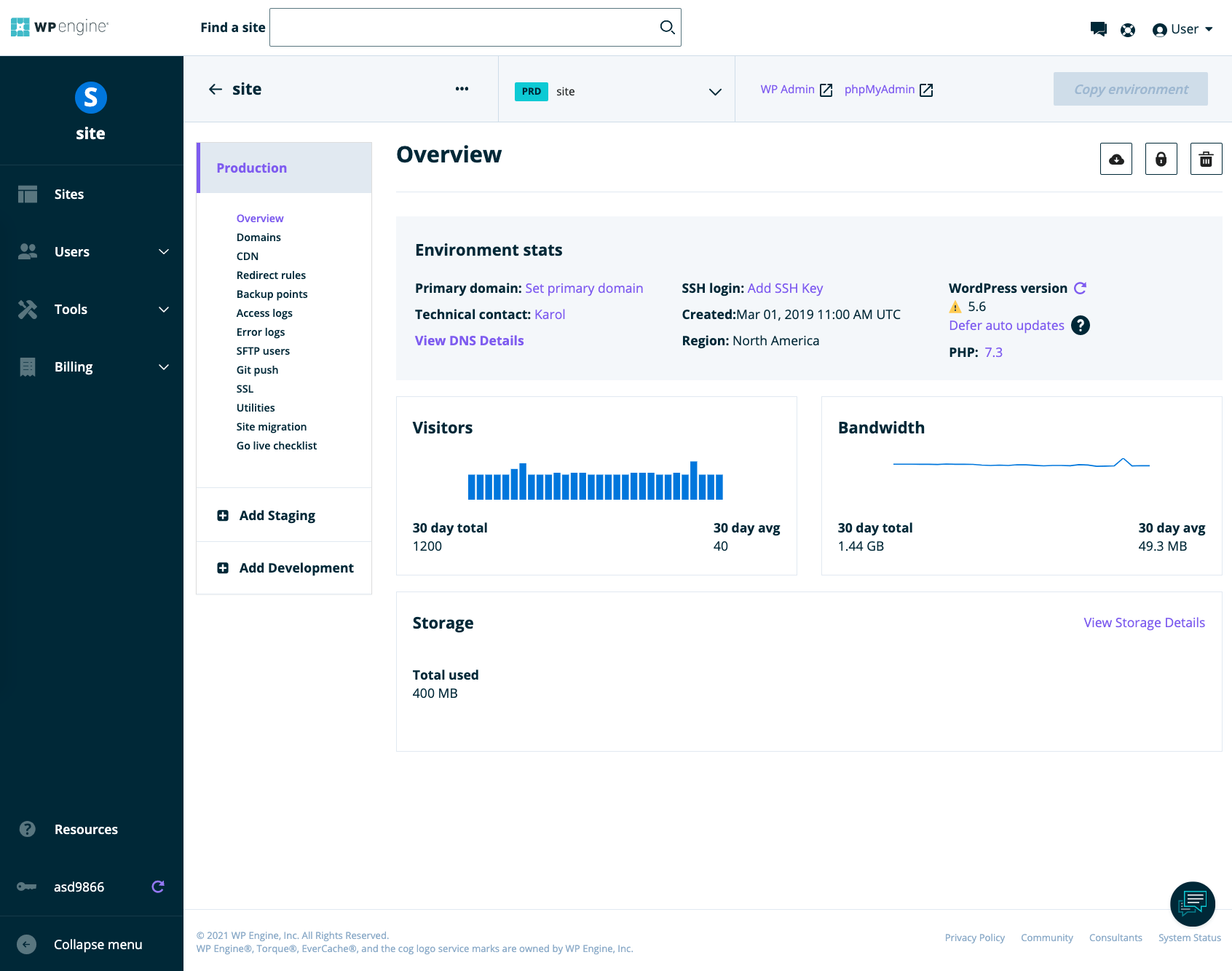 WP Engine dashboard