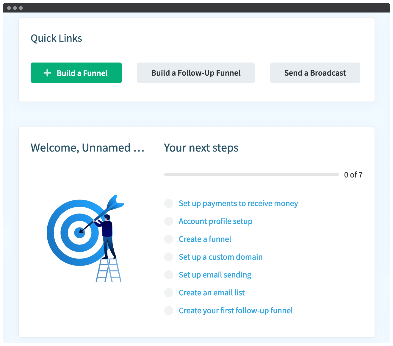 The QuickFunnels Quick Links menu.