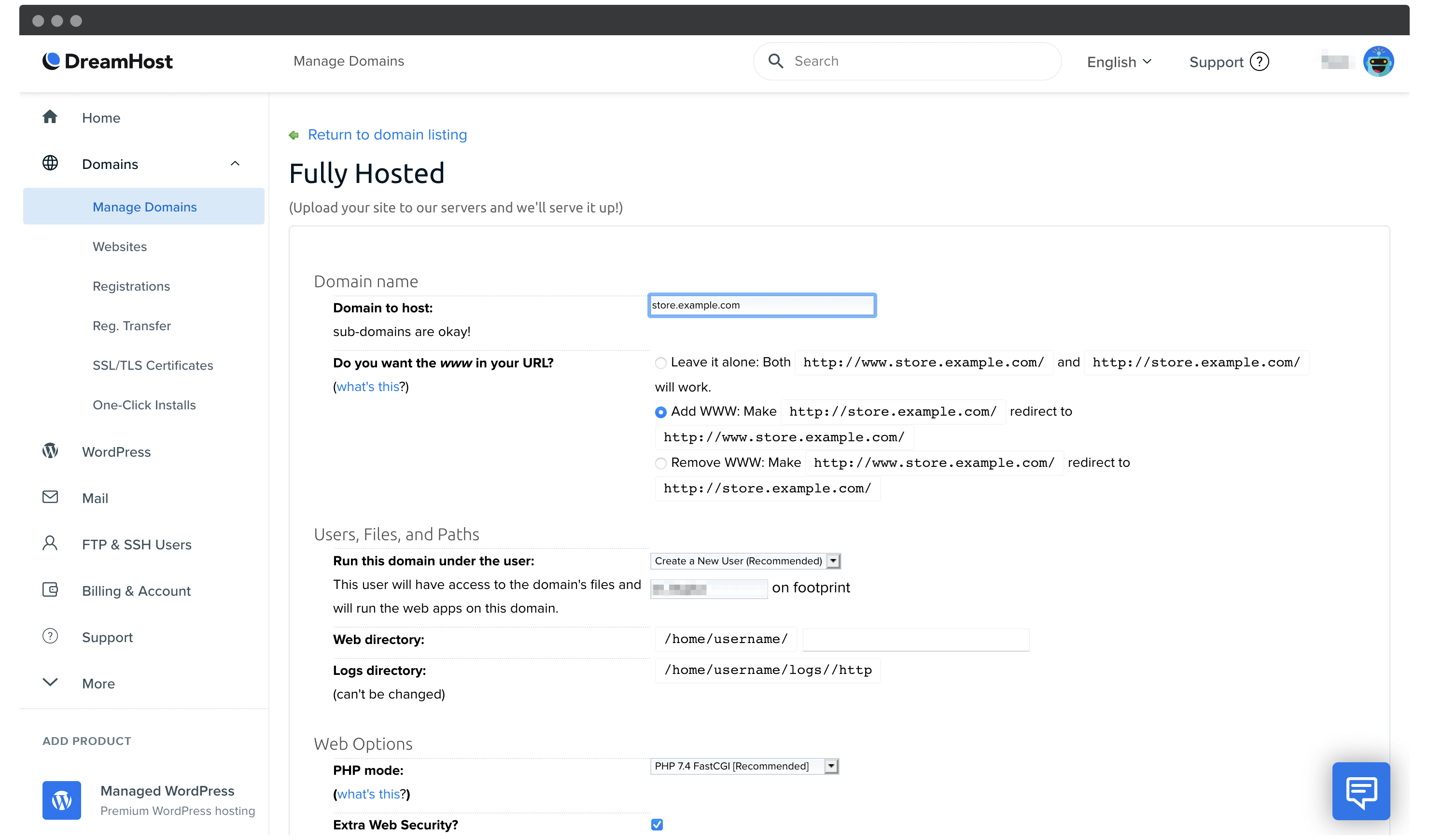 Creating a subdomain within DreamHost's hosting panel.