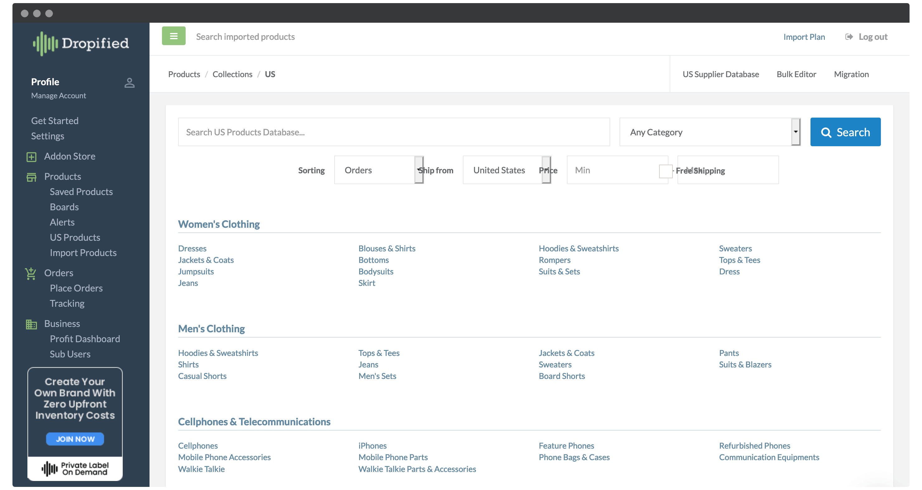 The Dropified dashboard.