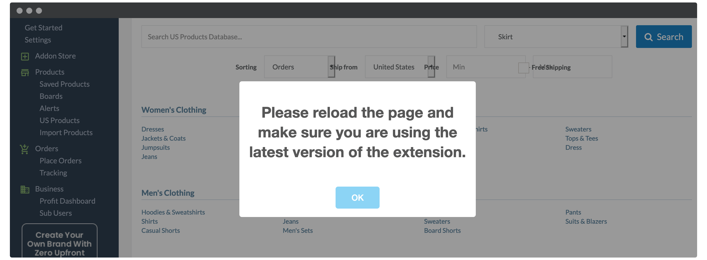 Dropified's Chrome extension error message.