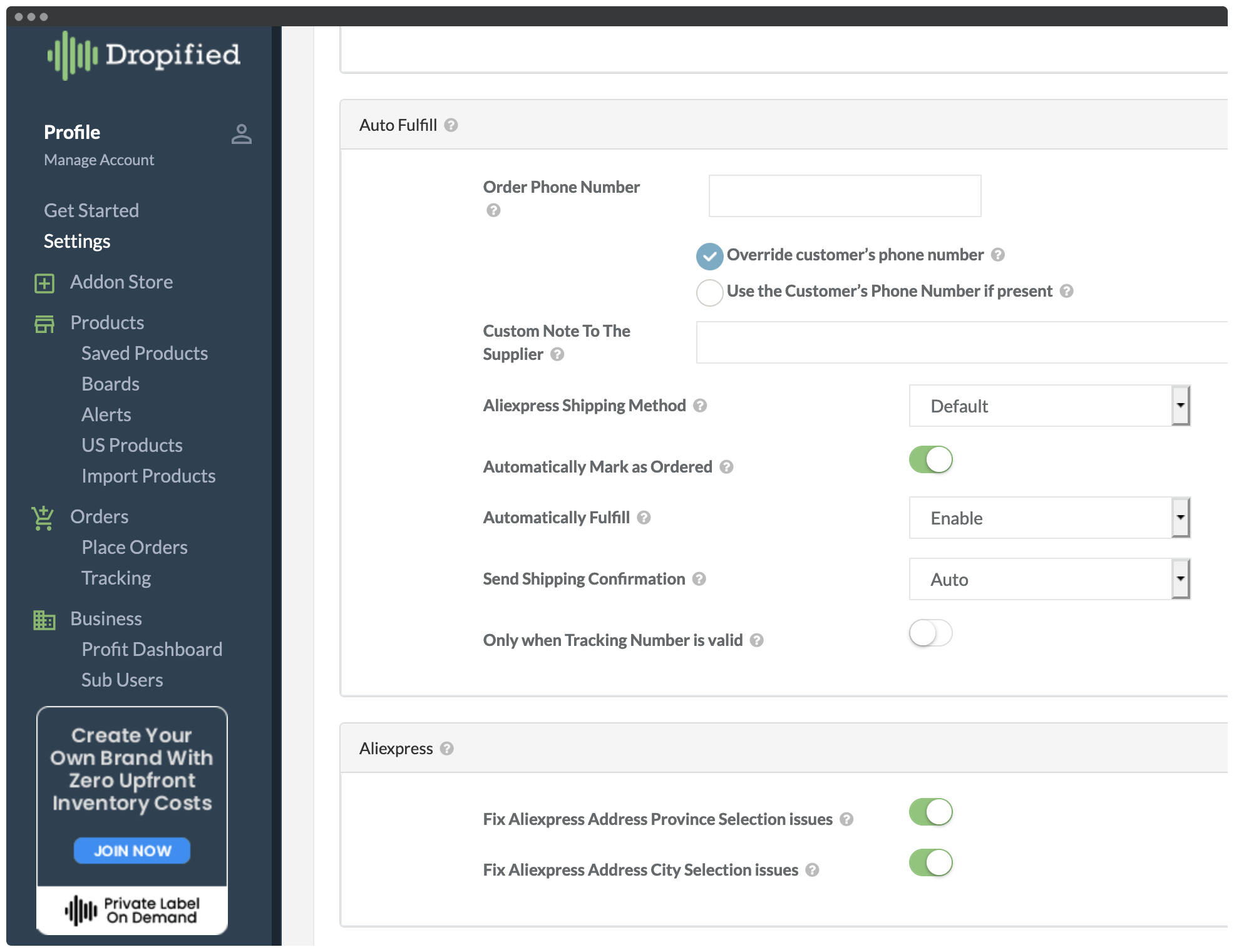 Dropified's settings.