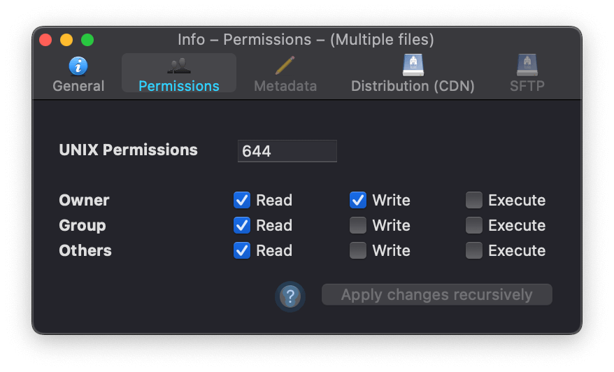 Changing file permissions in Cyberduck.