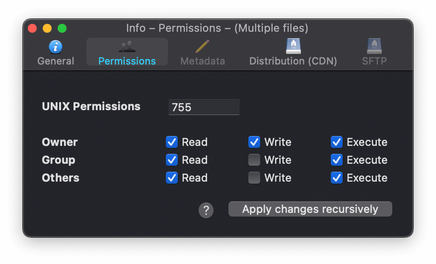 Changing folder permissions in Cyberduck.