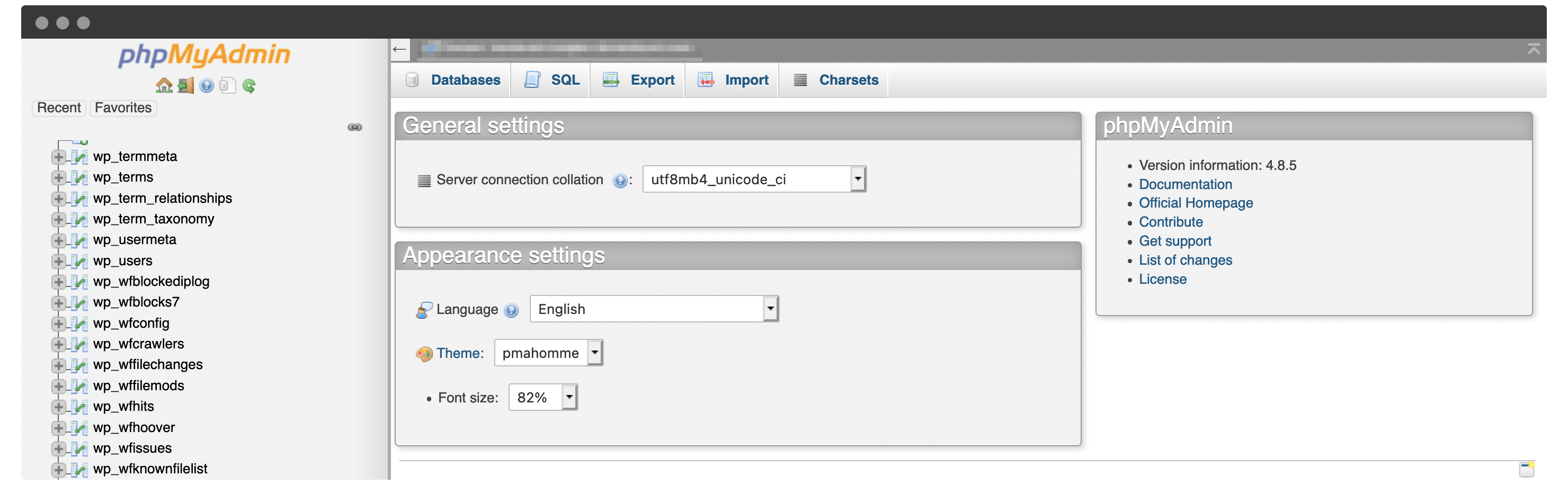 The phpMyAdmin screen.