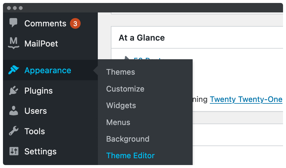 The Theme Editor link within WordPress.