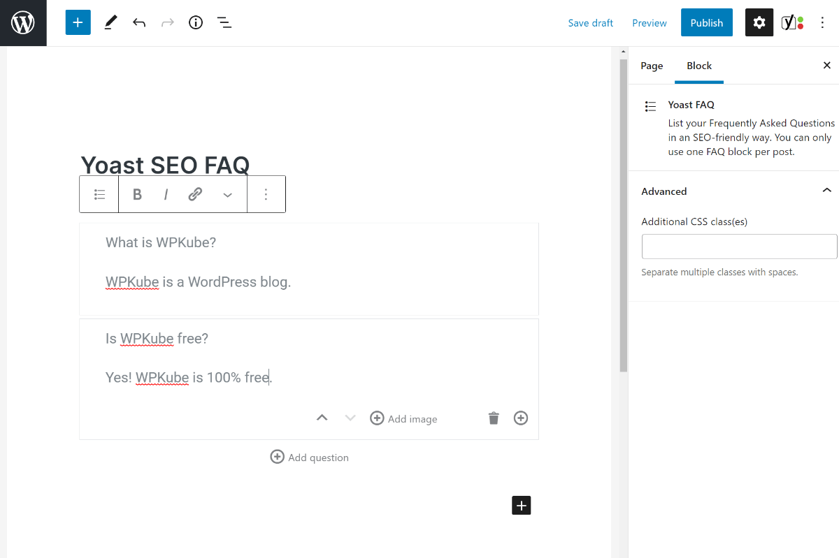 Yoast SEO WordPress FAQ schema block