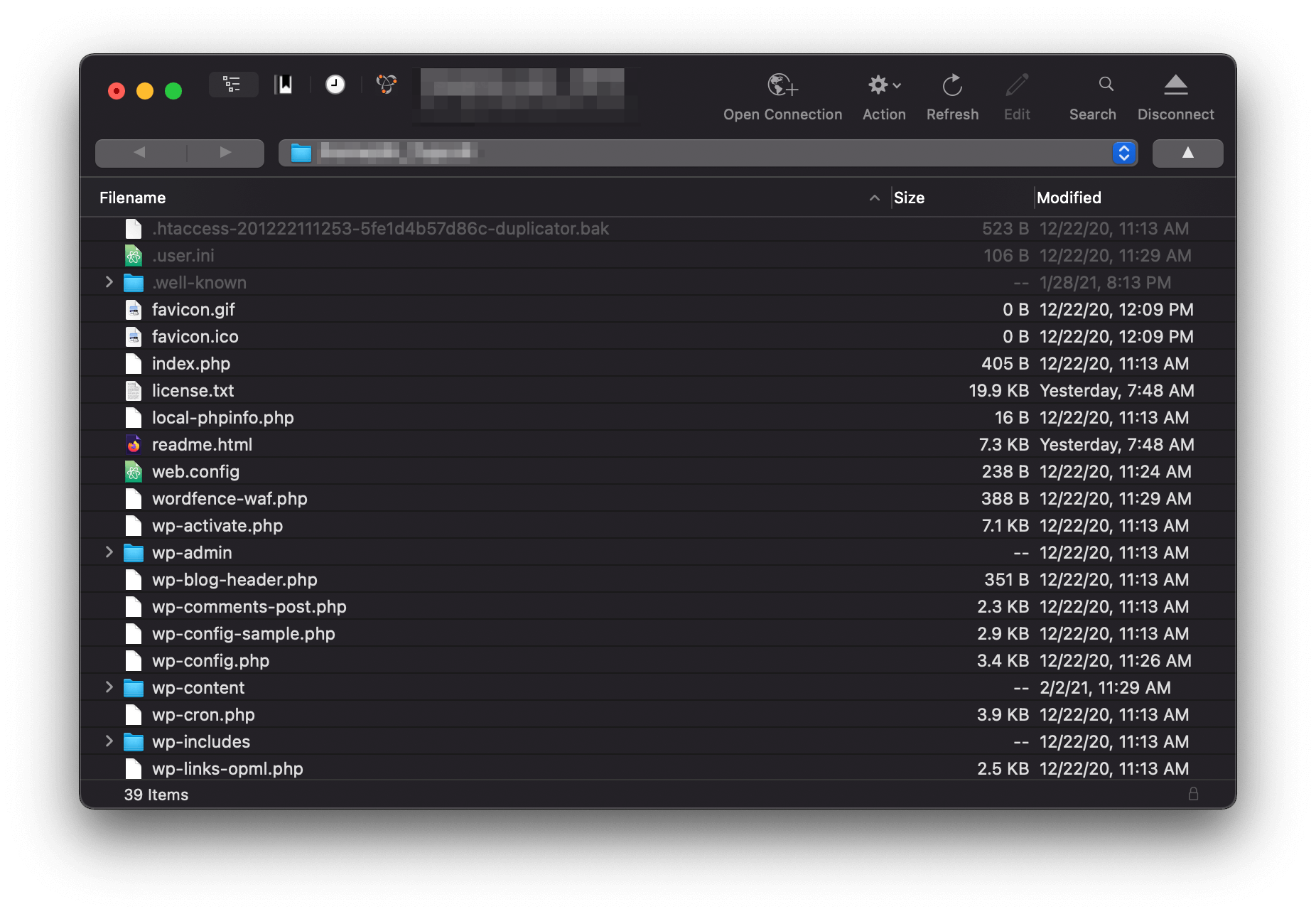 Your WordPress core files in an SFTP client.