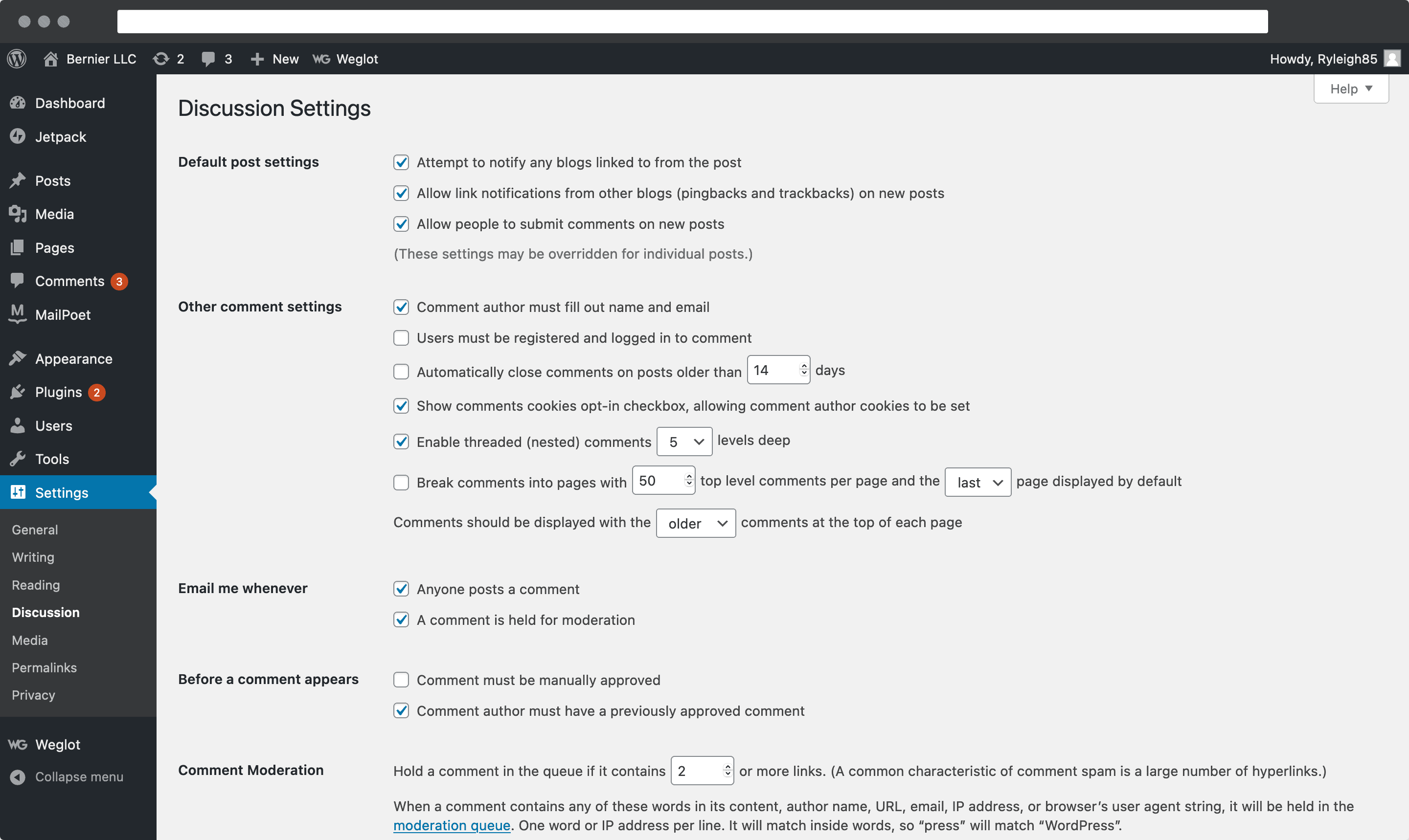 WordPress' Discussion Settings.