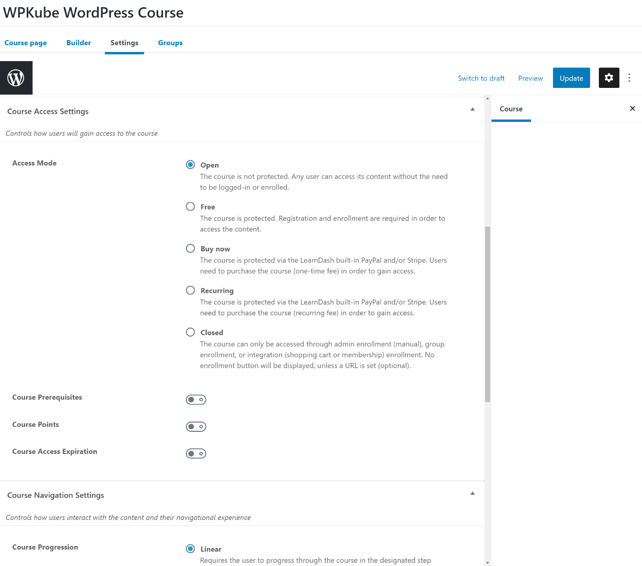 LearnDash course settings