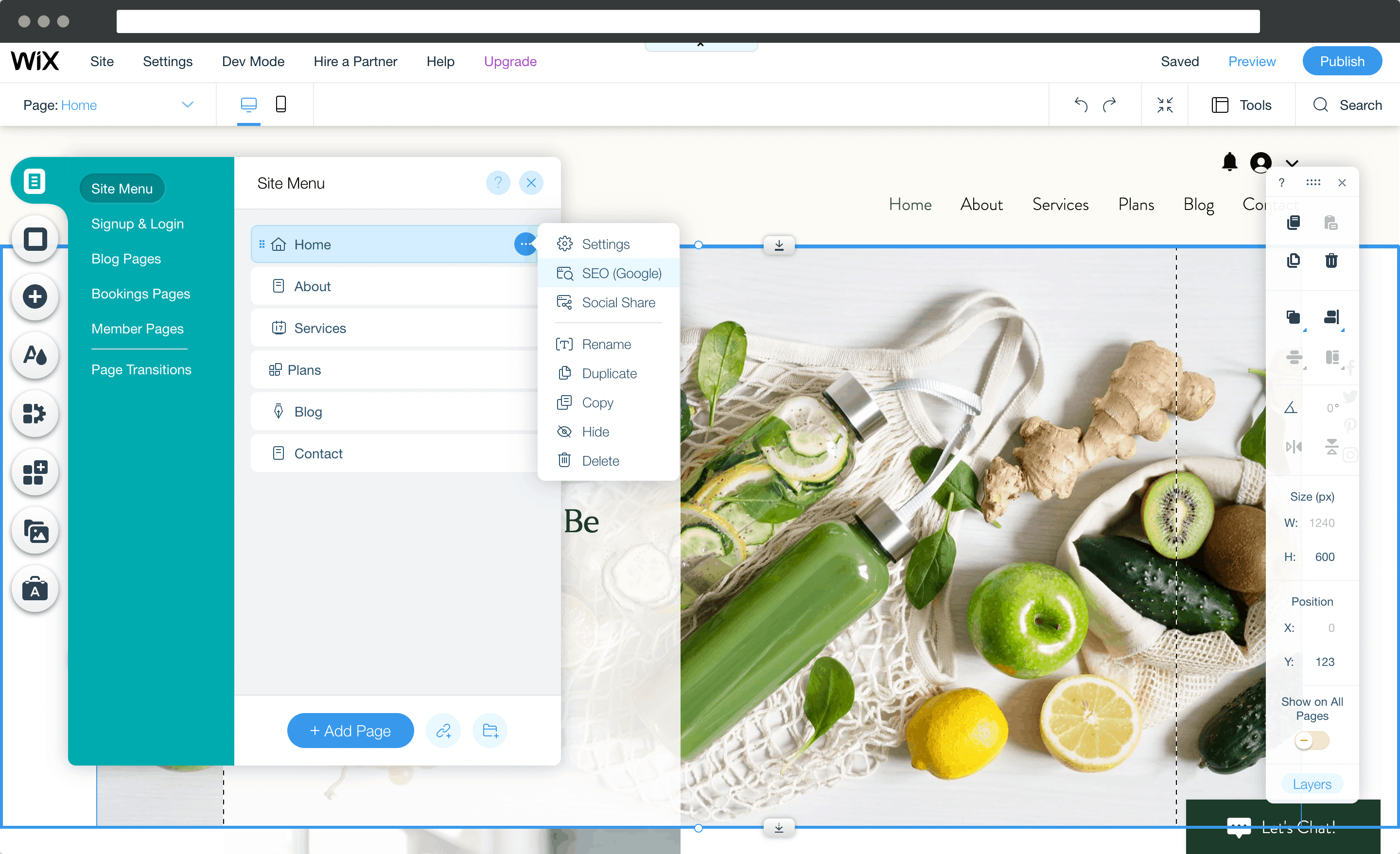 Wix' menus and pages, buried away in sub-menus.