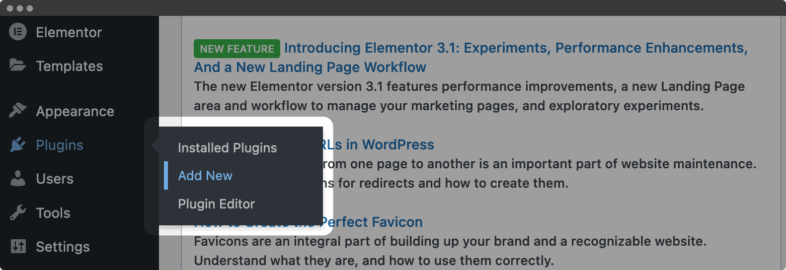 The Add New link in WordPress.