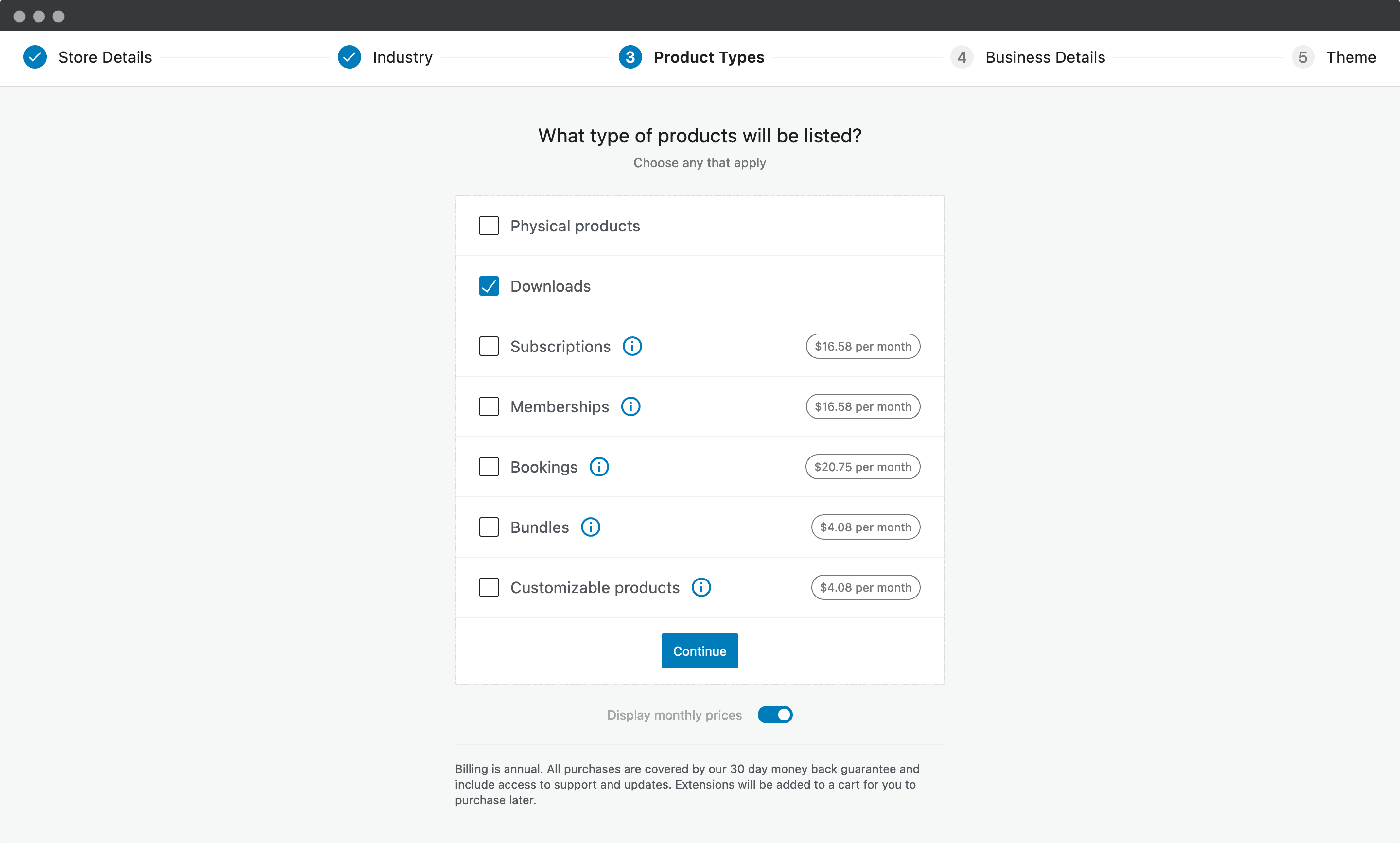 Choosing your product types in WooCommerce.