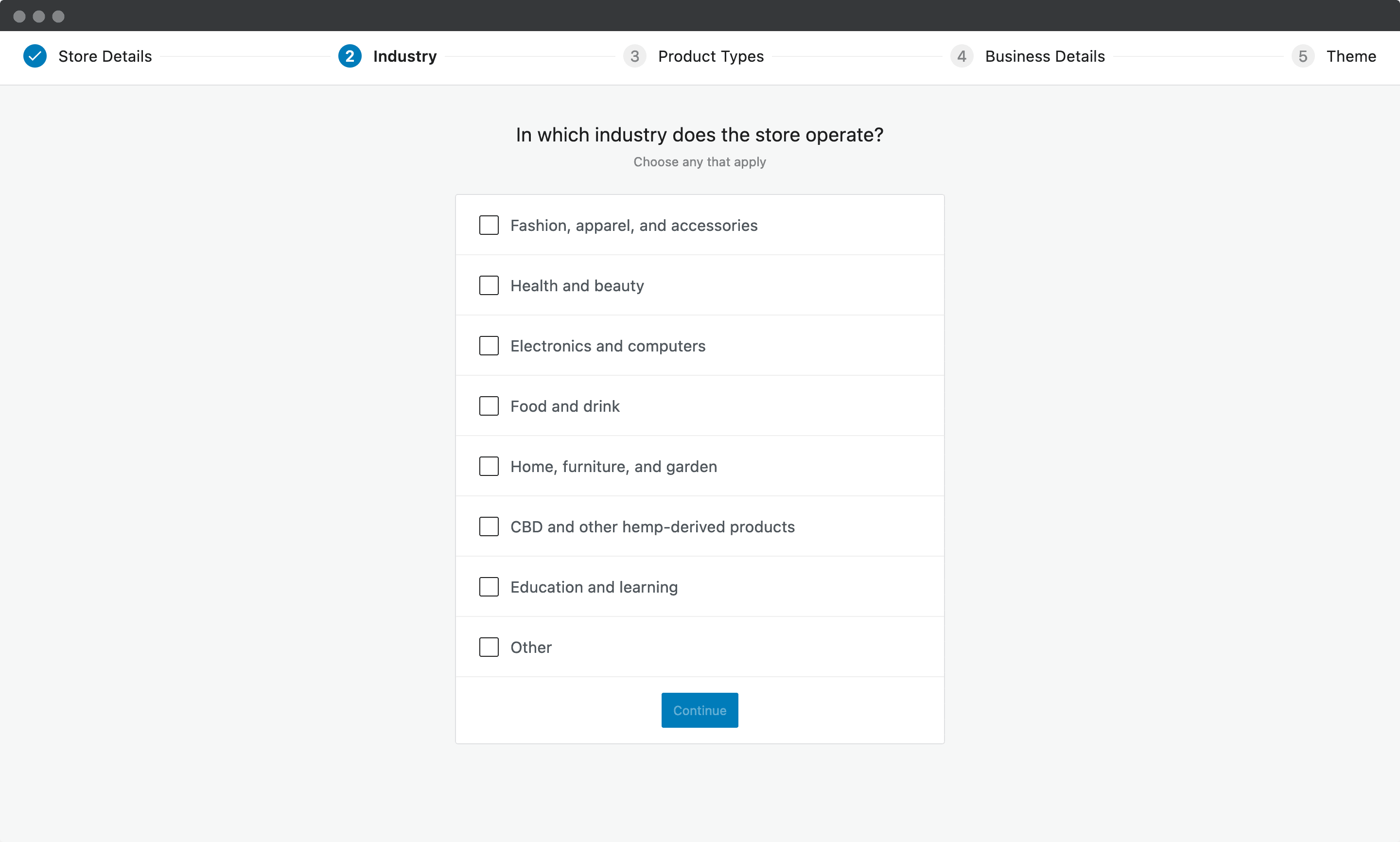 The WooCommerce Industry menu.