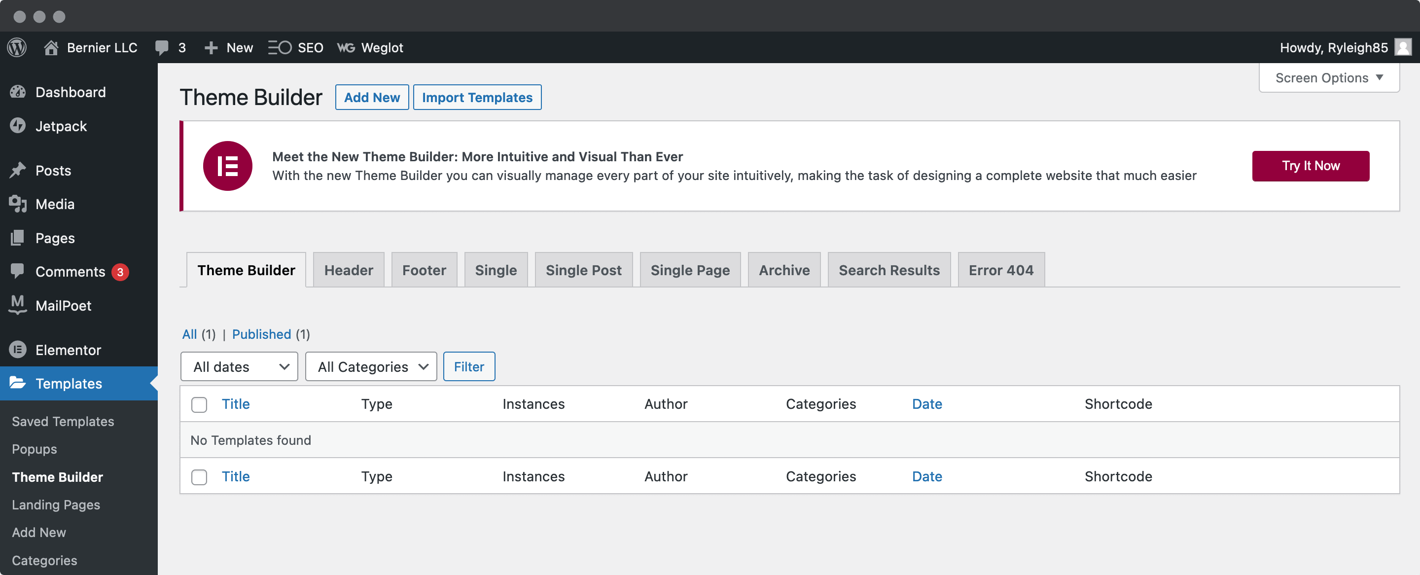 Choosing a template in Elementor's Theme Builder.