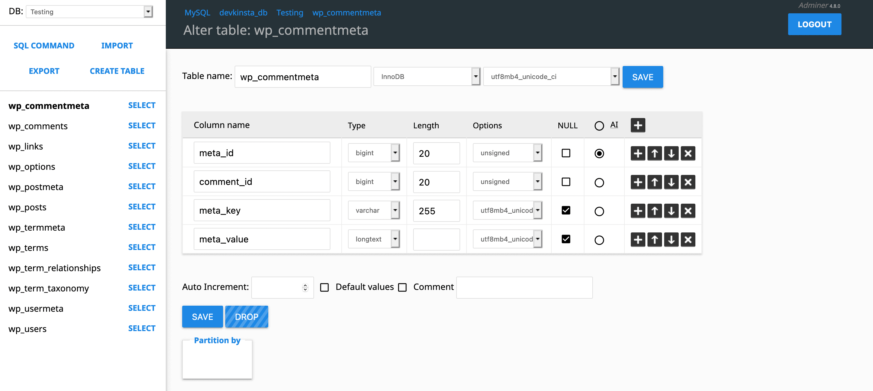 Altering a table in Adminer.