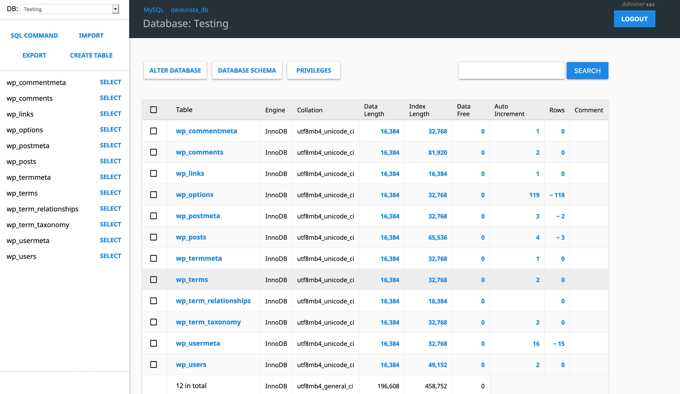 The Adminer tool.