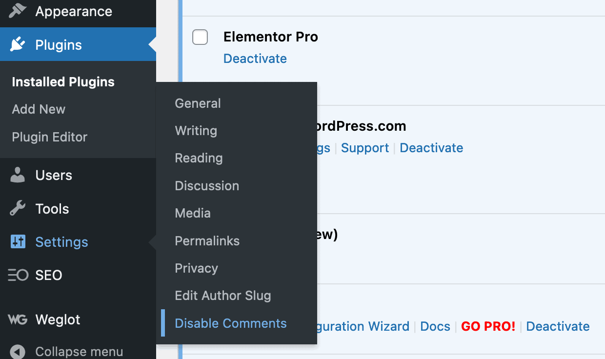 The Disable Comments plugin settings option.