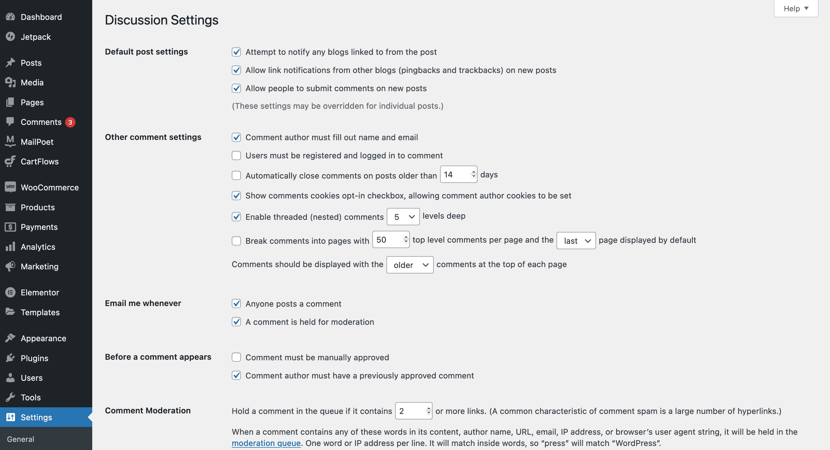 WordPress' Discussion Settings.